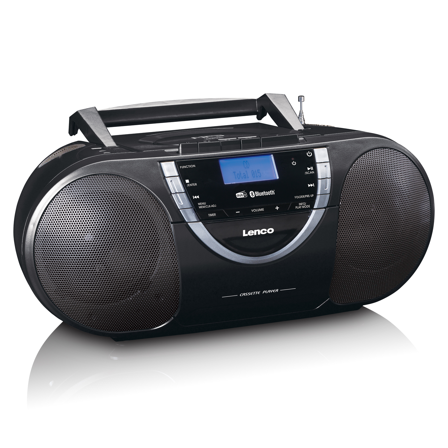 Black boombox with speakers.  Controls and a handle are visible. White background.