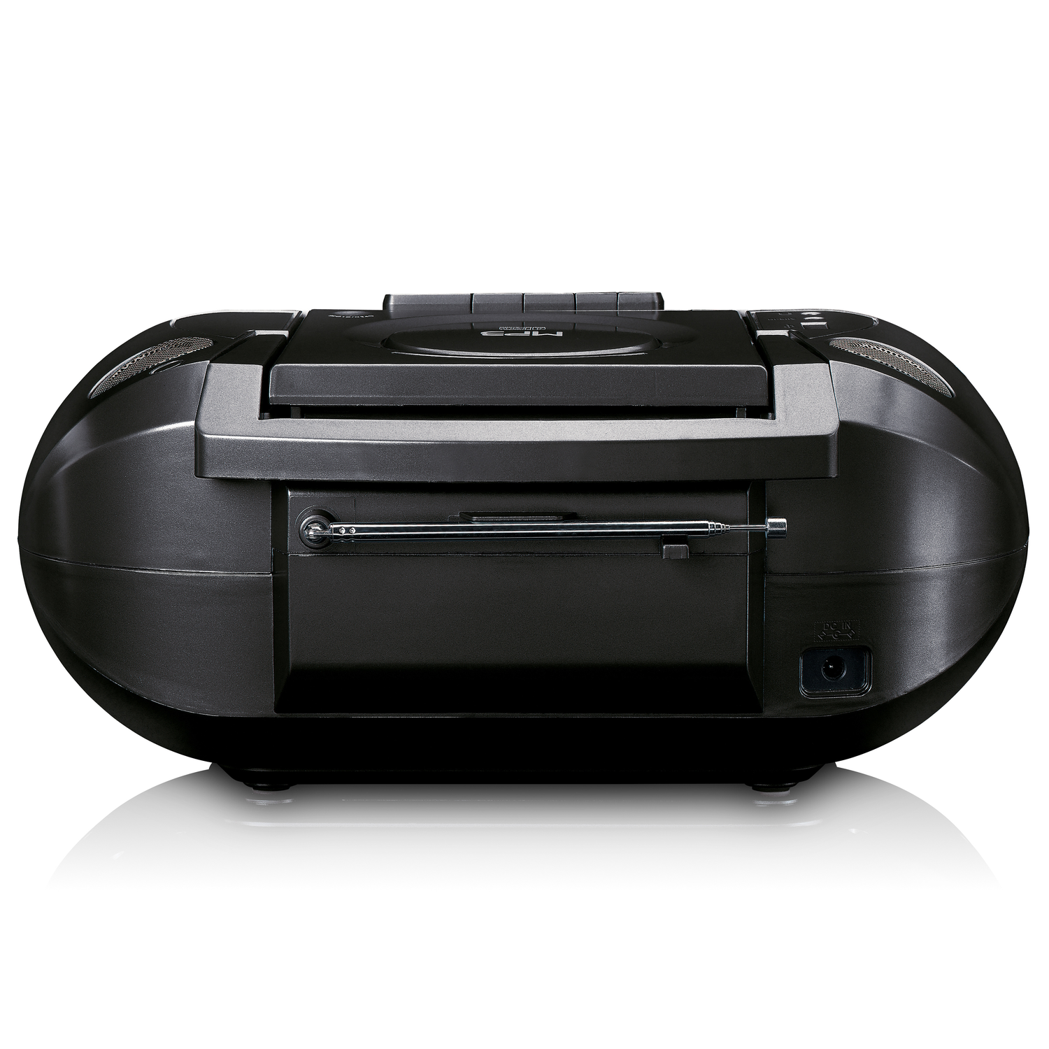 Black boombox on a white background. It has a CD player and antenna.