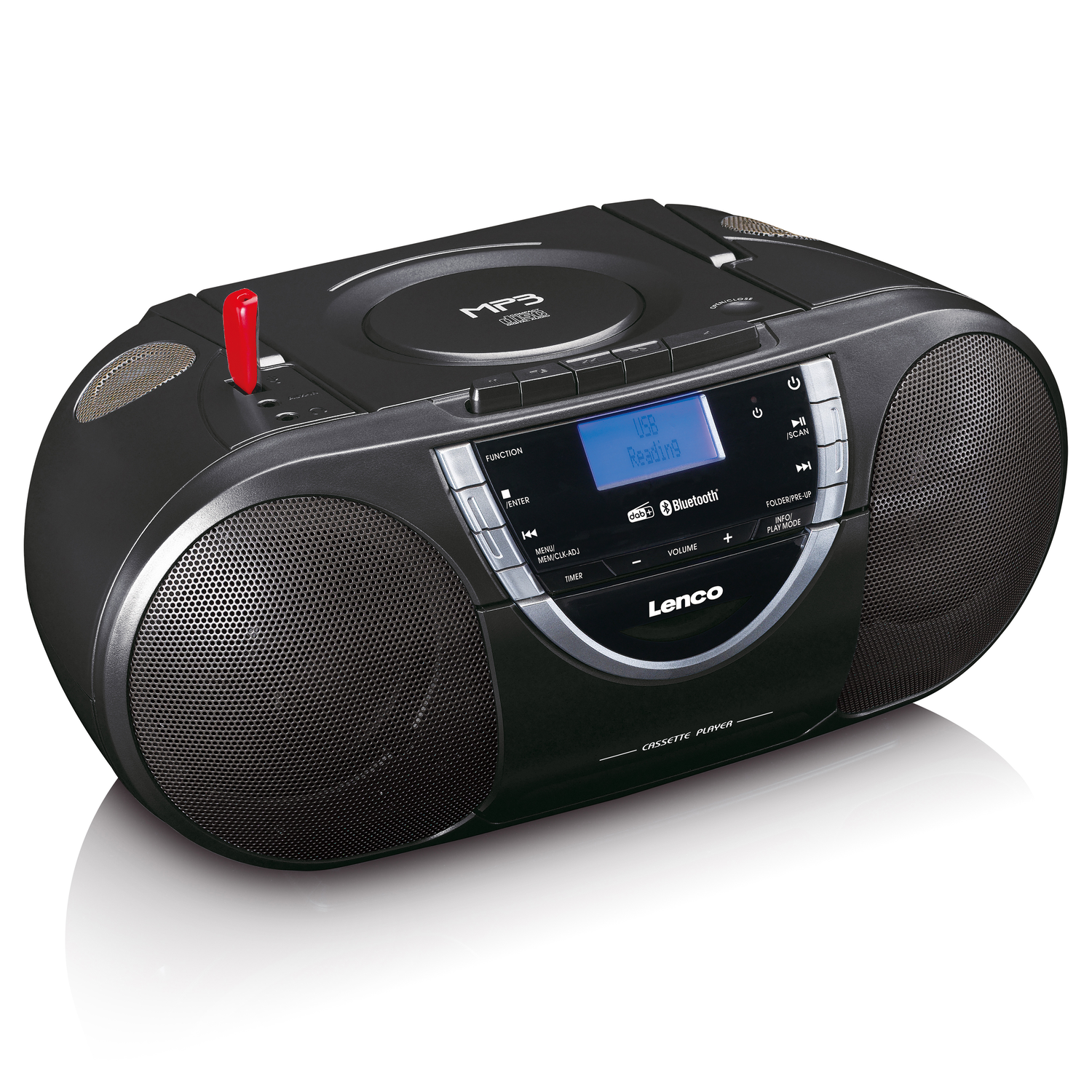 Black Lenco boombox with CD player and cassette player. Shows a blue display.
