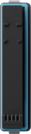 Nahaufnahme eines schwarz-blauen rechteckigen Geräts mit zwei schwarzen Tasten. Schwarzer Hintergrund.
