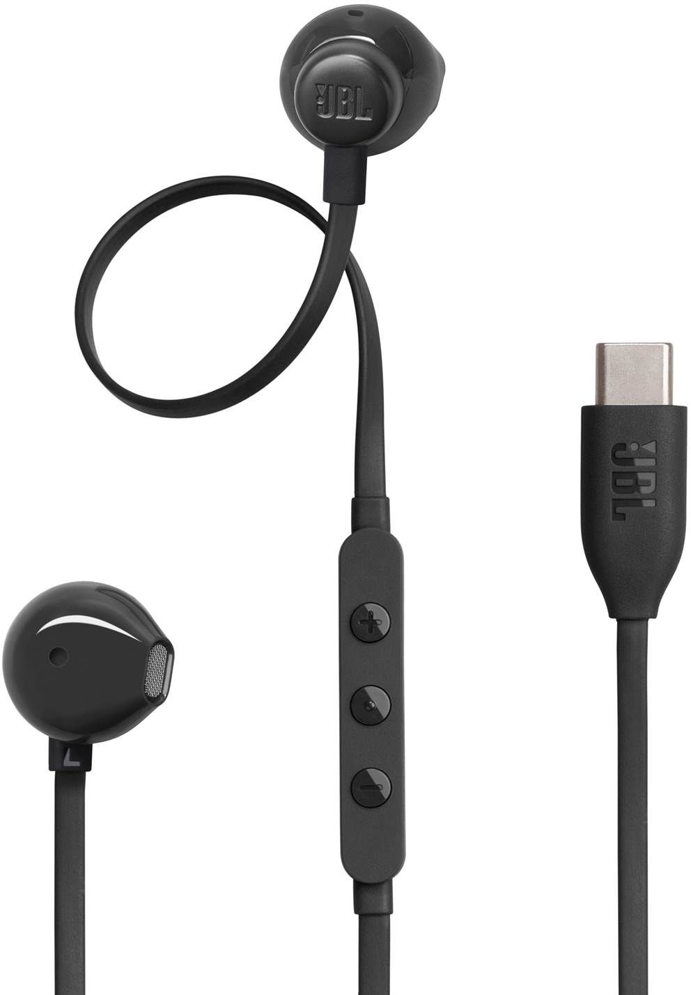 Fekete JBL fülhallgatók vezérlőmodullal és USB-C csatlakozóval.
