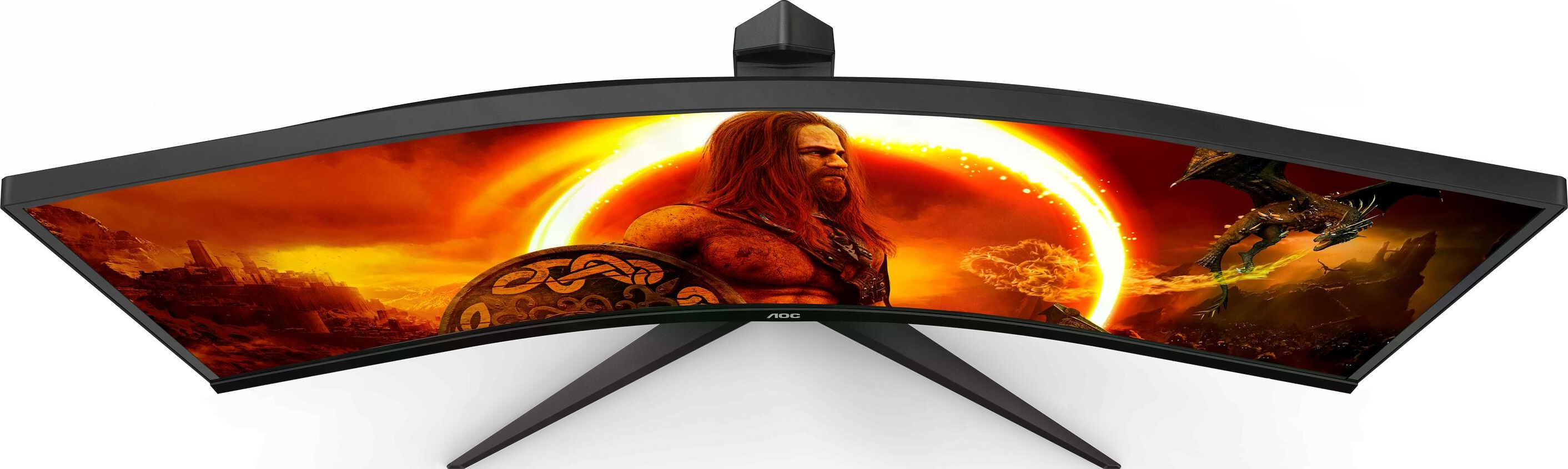 Écran de jeu incurvé avec image de guerrier et support noir.