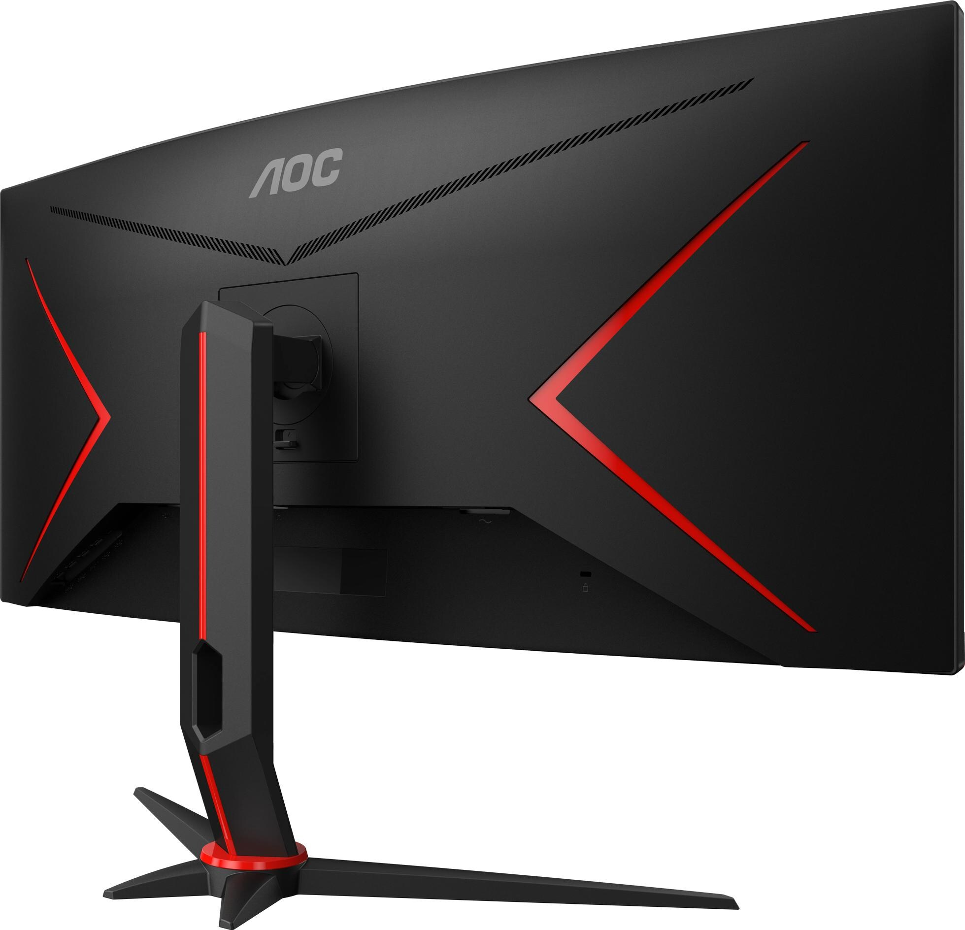 Moniteur noir avec des accents rouges et un pied. Le logo de la marque est en haut.