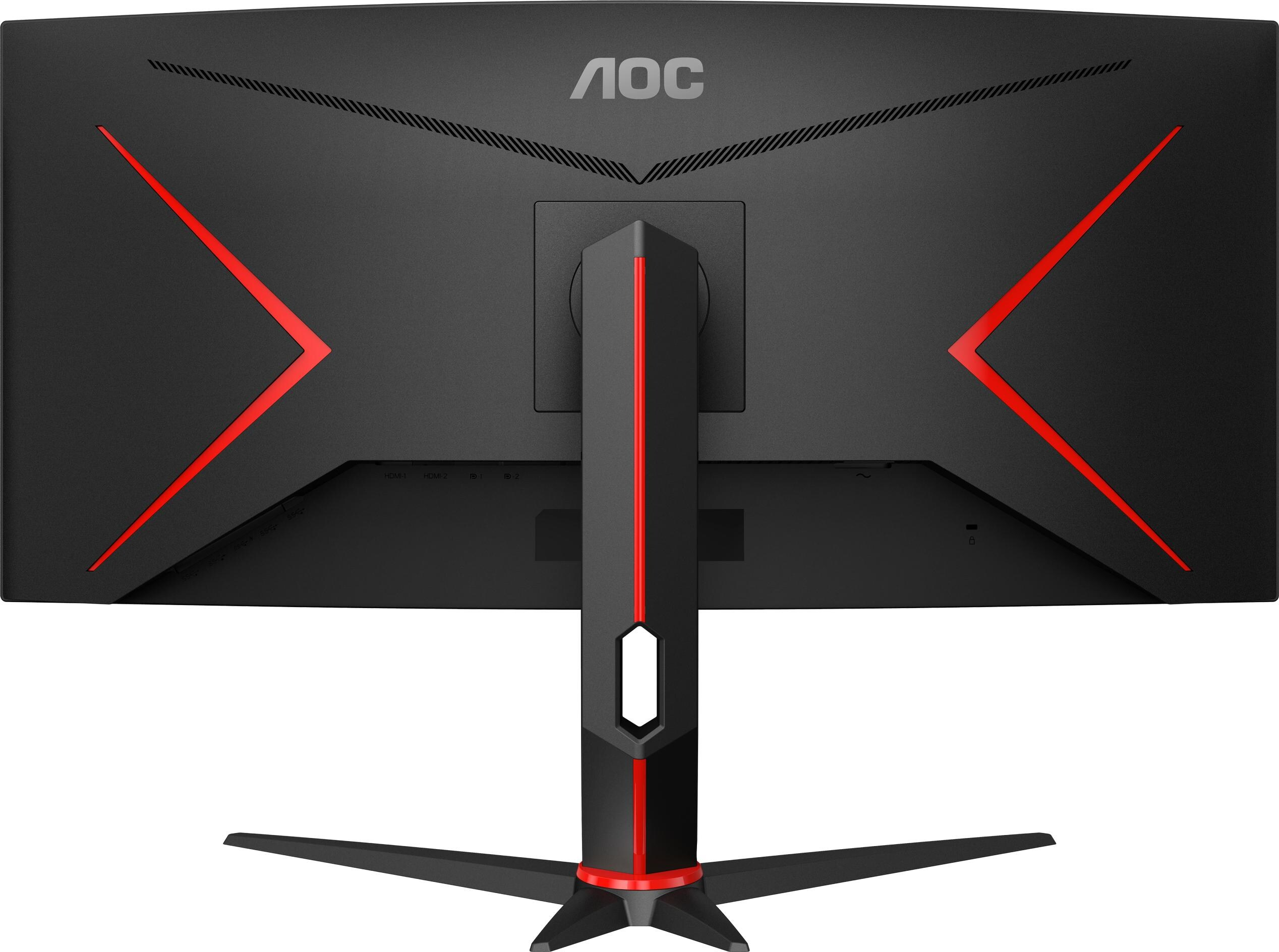 Arrière d'un écran d'ordinateur noir avec des accents rouges et le logo AOC en haut.