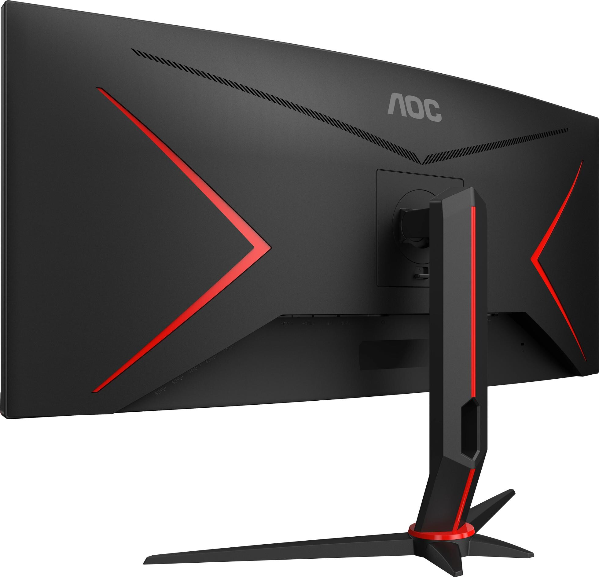 L'arrière d'un moniteur d'ordinateur noir avec des accents rouges, dont un pied avec des lignes rouges.