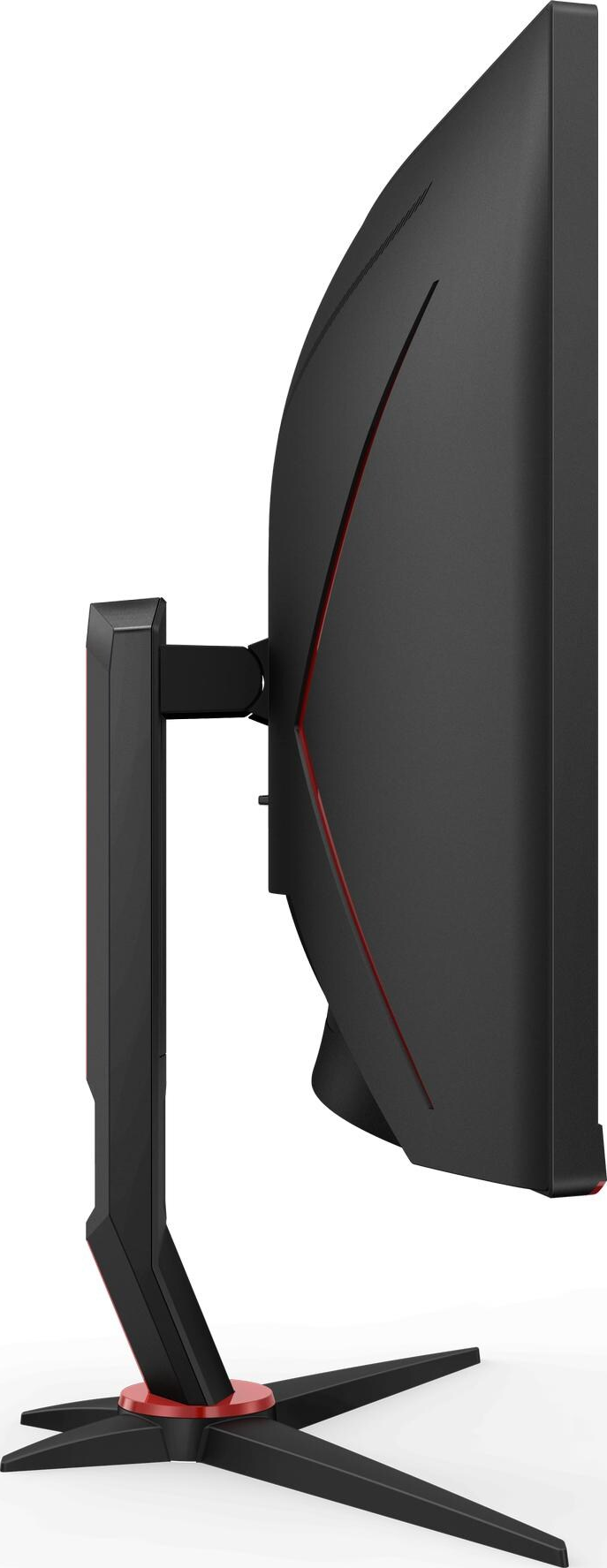 Vue latérale d'un écran d'ordinateur noir, avec un accent rouge et un support noir.