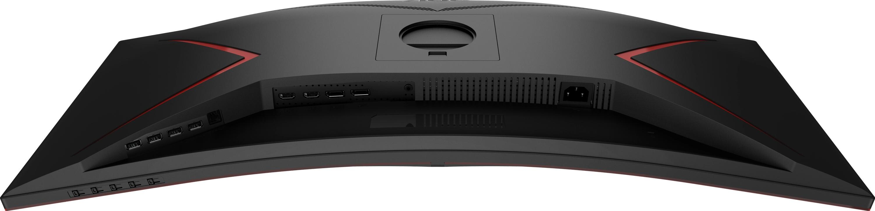 Vue arrière d'un moniteur d'ordinateur noir avec ports. Accents rouges sur le dessus et les côtés.