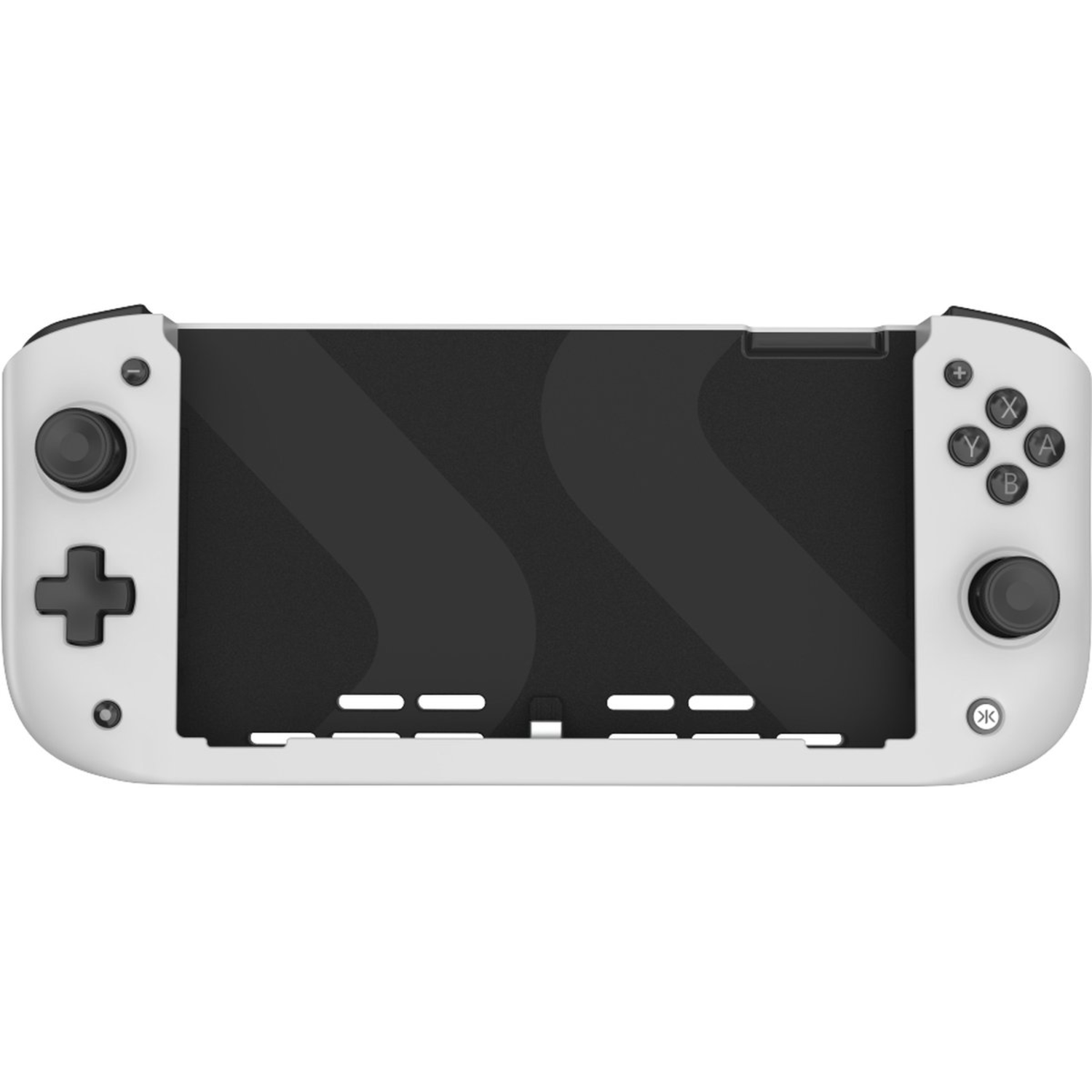 Witte behuizing voor een handheld gameconsole. Zwart scherm in het midden met knoppen aan de zijkanten.