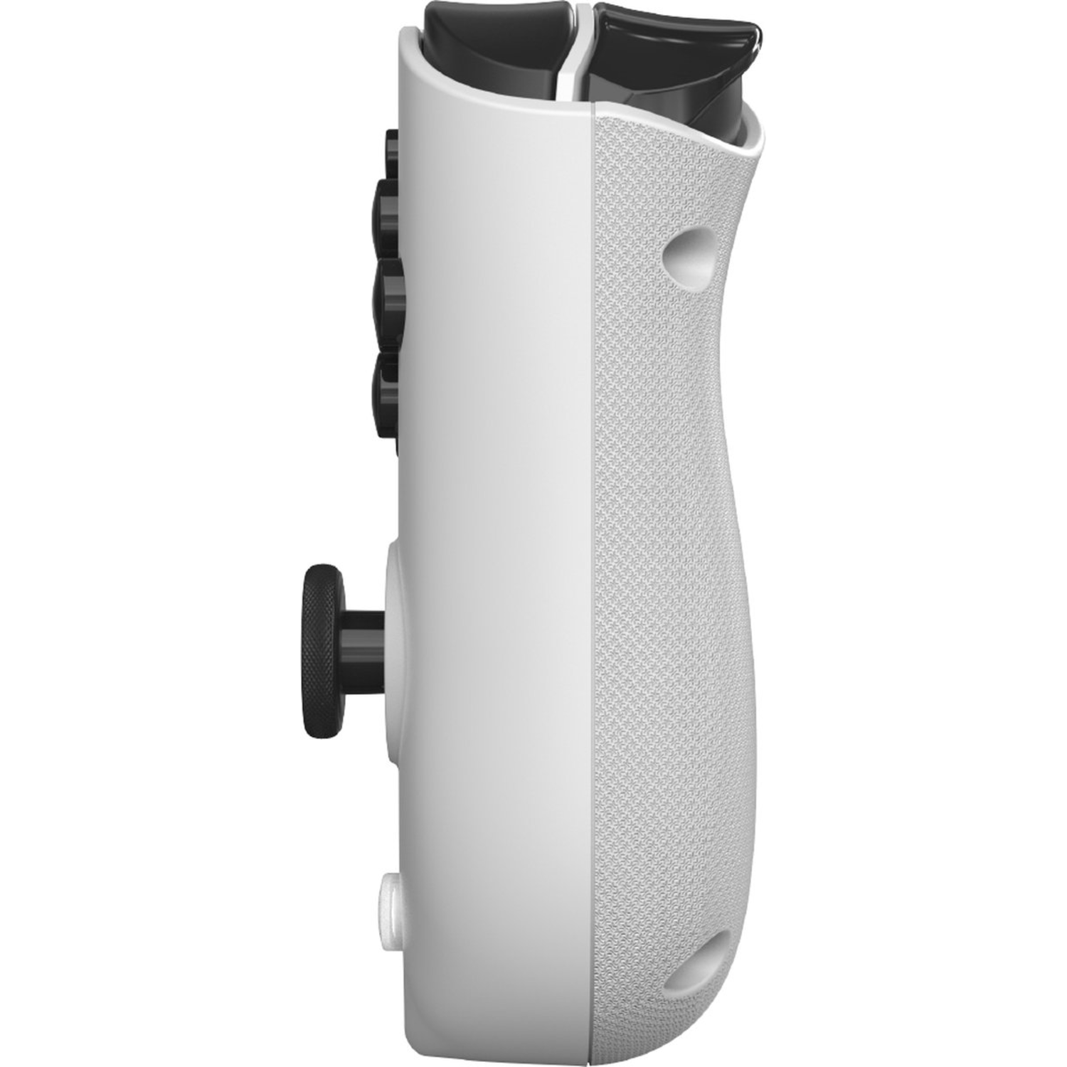 Witte game controller, zijaanzicht. Toont grip, knoppen en joystick. Witte achtergrond.