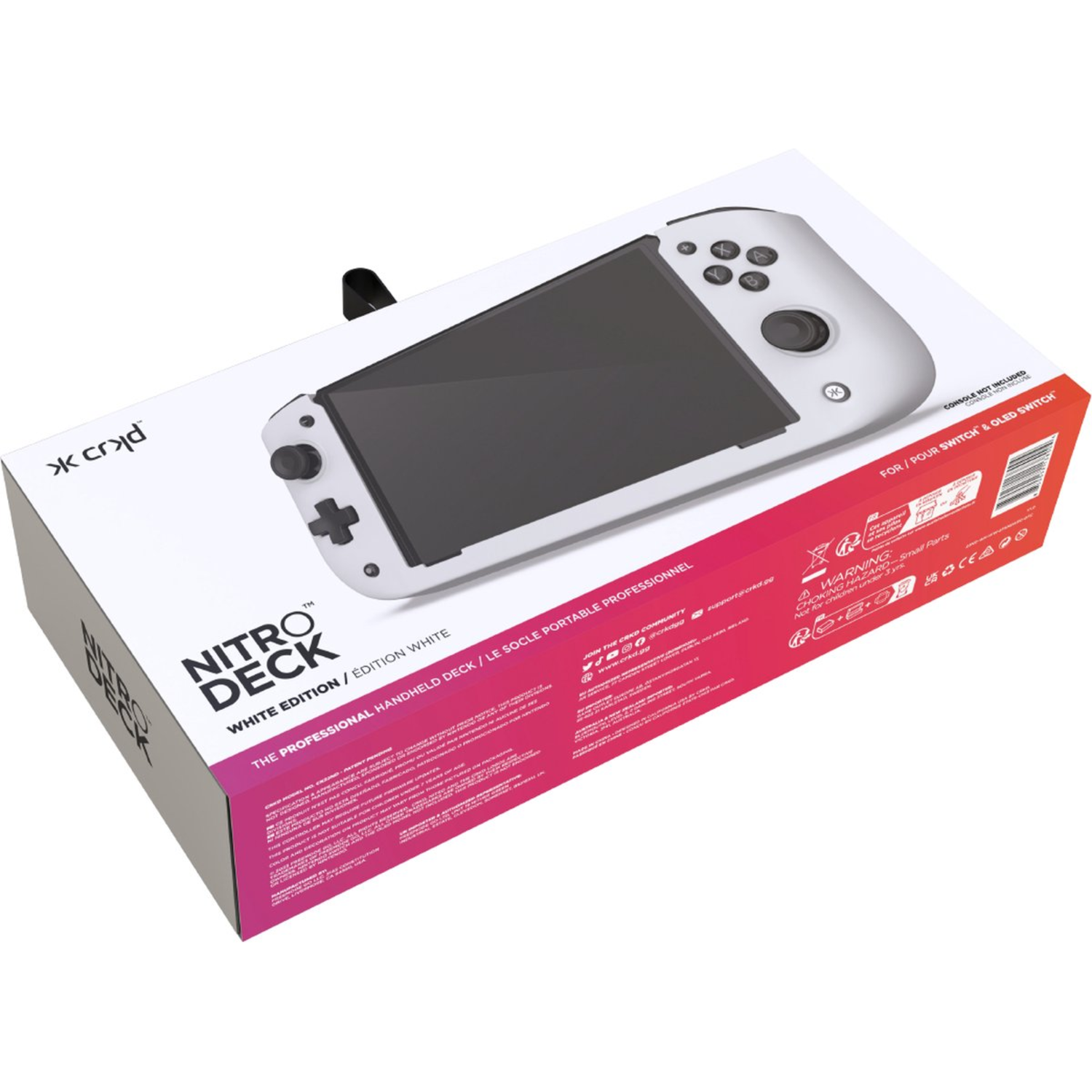 Witte en rode doos, handheld console erin. Tekst op de doos: "NITRO DECK" en "WHITE EDITION".