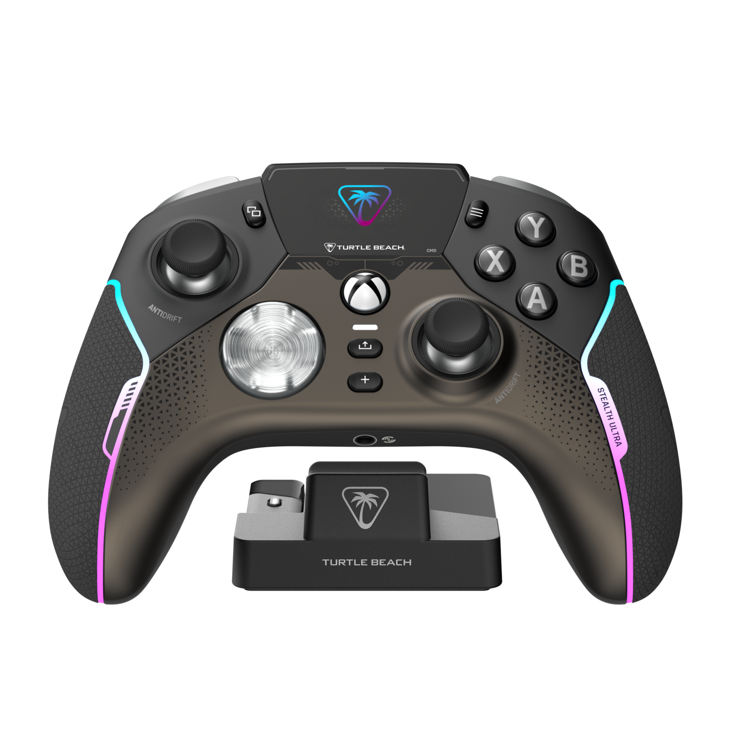 Zwarte en grijze Turtle Beach Stealth Ultra controller met oplaaddock, knoppen zichtbaar.