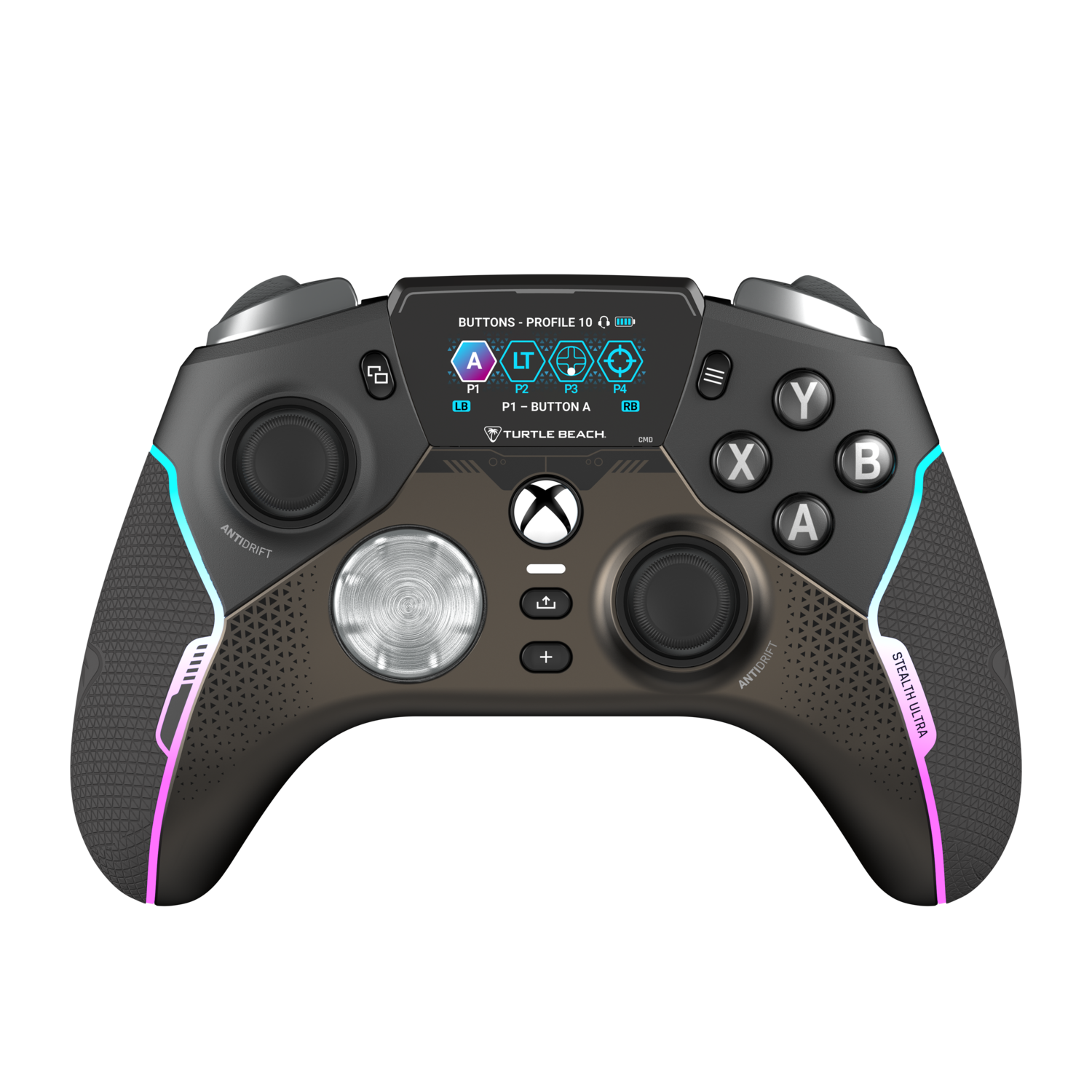 Een zwarte Xbox-controller met kleurrijke lichten en knoppen, op een zwarte achtergrond.