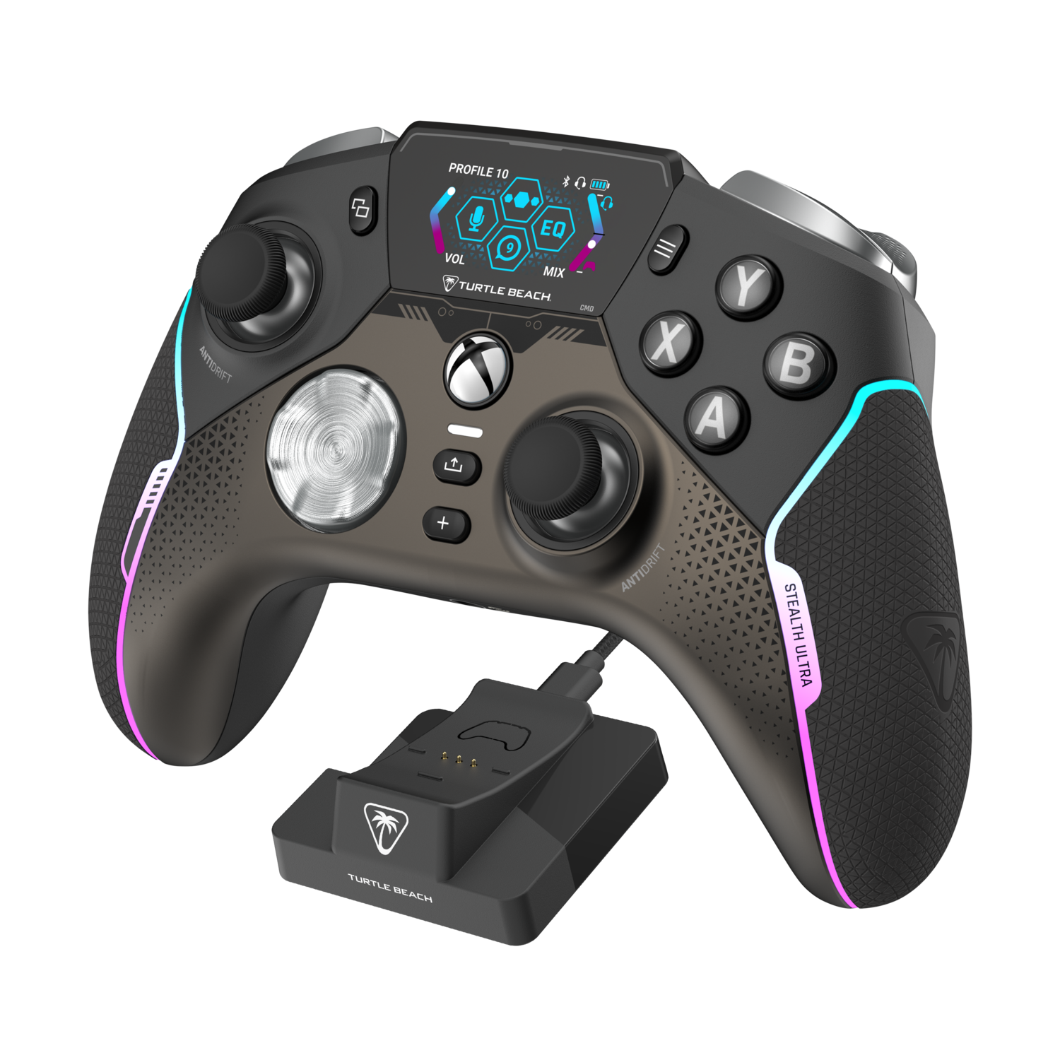 Een zwarte en grijze Turtle Beach Xbox-controller met een oplaadbasis.