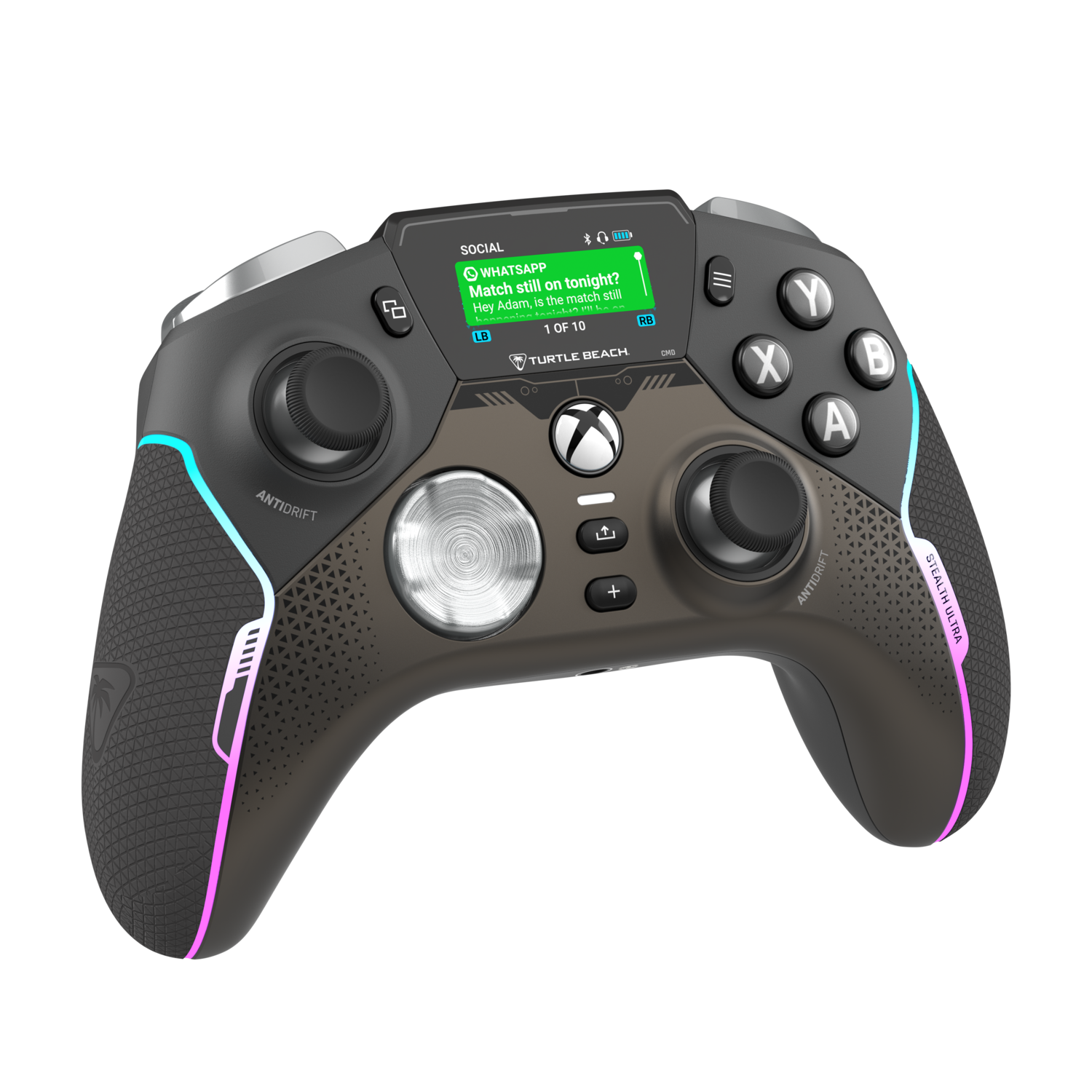 Een Xbox-controller met lichten. Een scherm toont een WhatsApp-bericht. Knoppen en sticks.