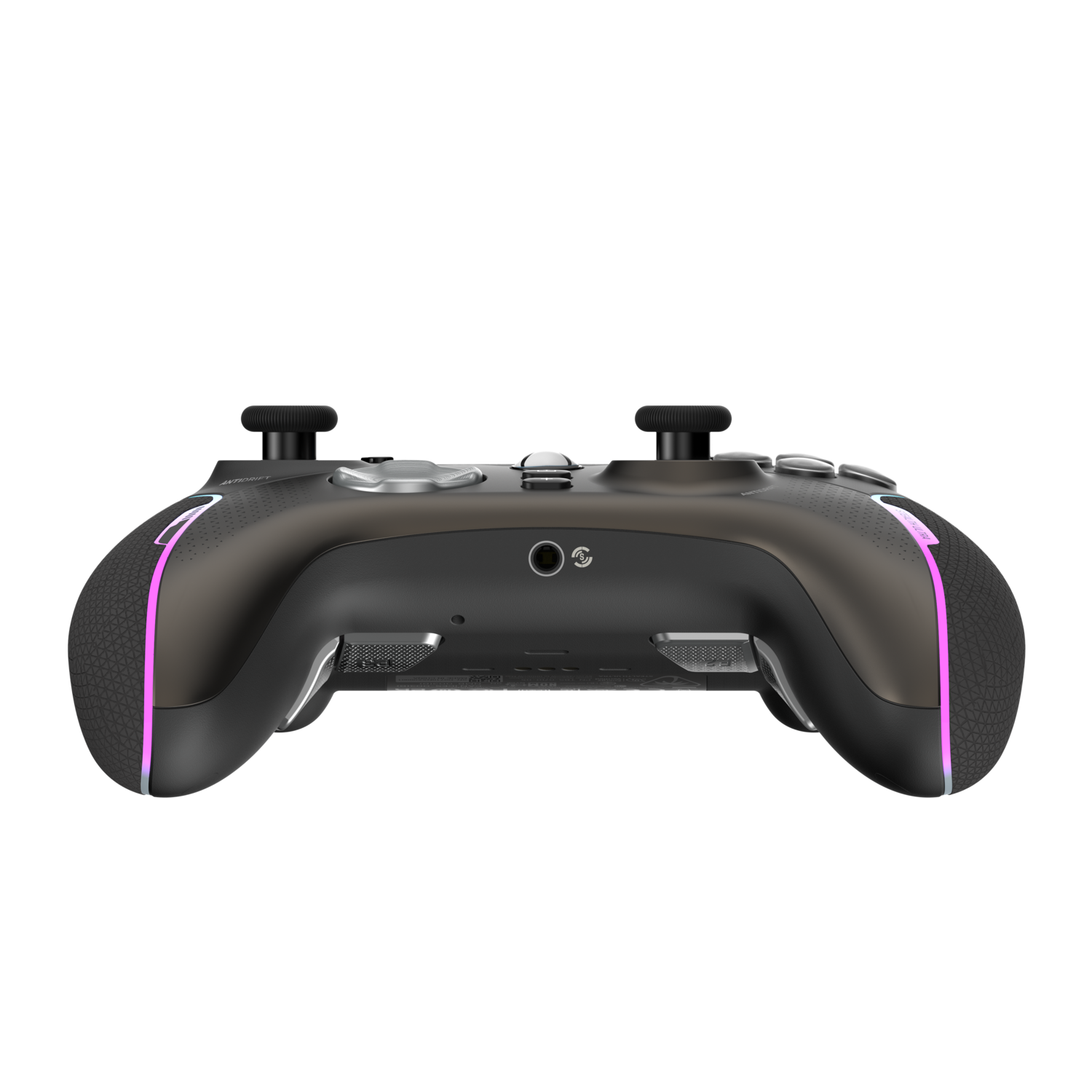 Een zwarte gamecontroller met roze lichten, met knoppen en poorten aan de onderkant.