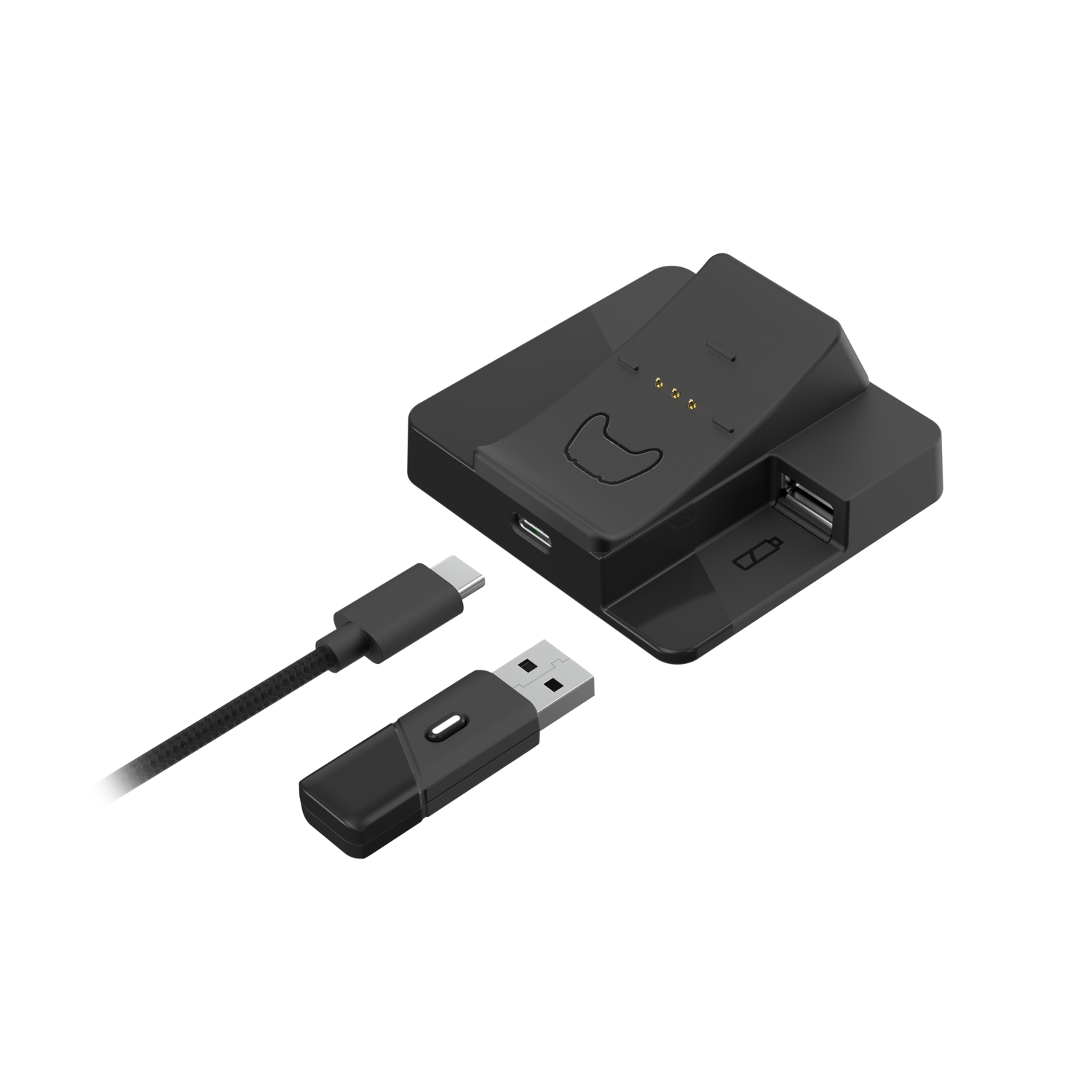 Zwart oplaadstation voor gamecontroller, USB-C-kabel en een USB-dongle op een donker oppervlak.
