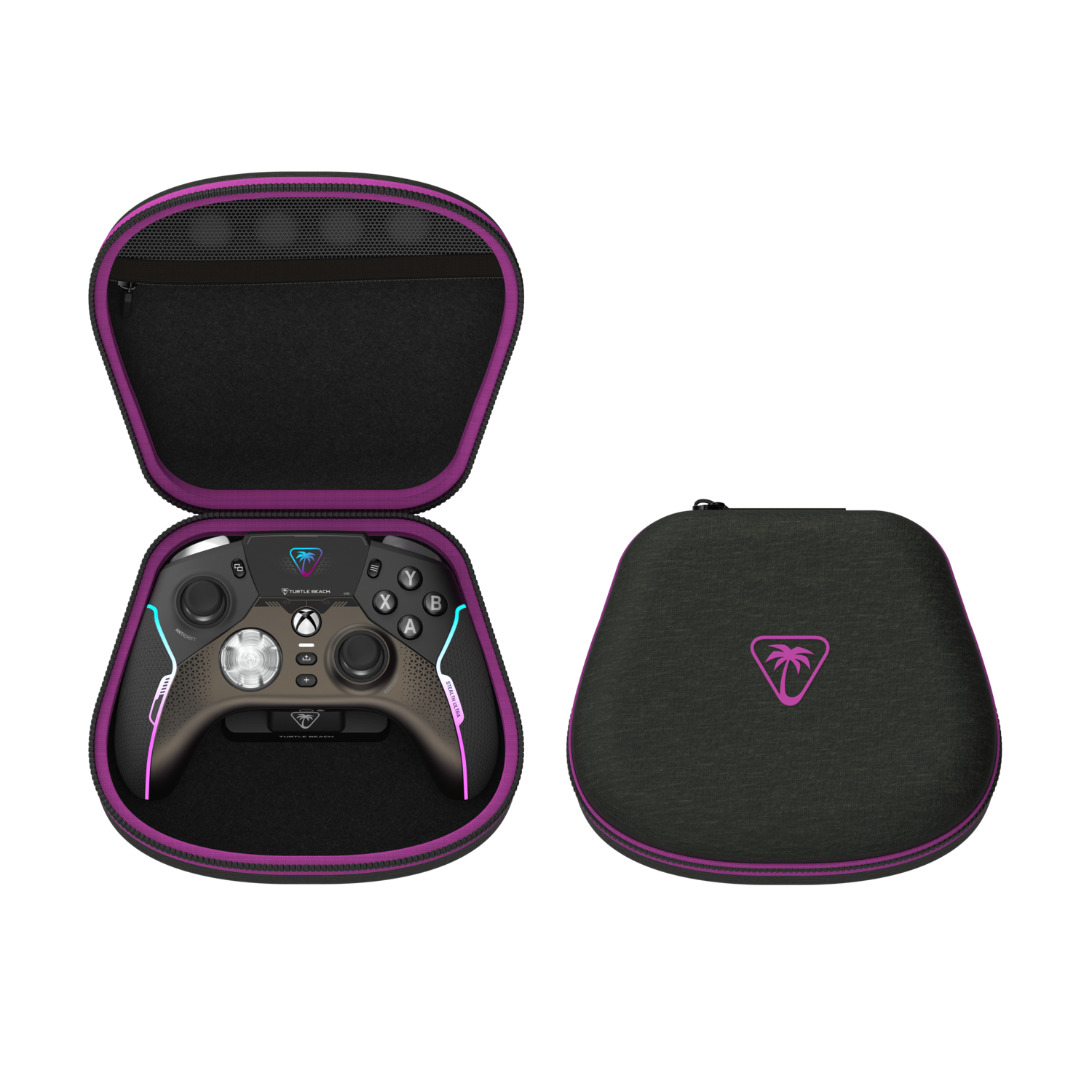 Een controller en de hoes. De hoes is open en onthult de controller binnenin. Beide zijn paars en zwart.