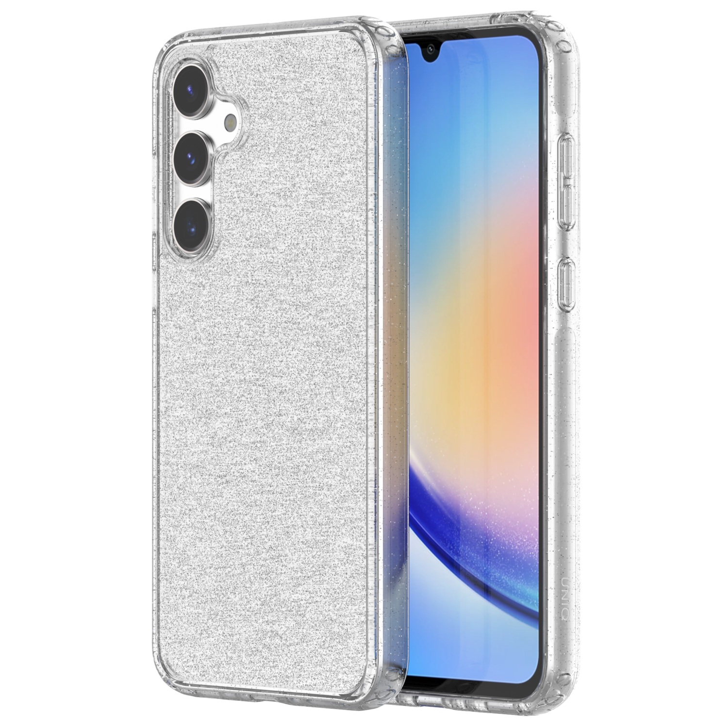Telefoonhoesje: Transparante hoes met glitter, smartphone binnenin met blauw scherm.