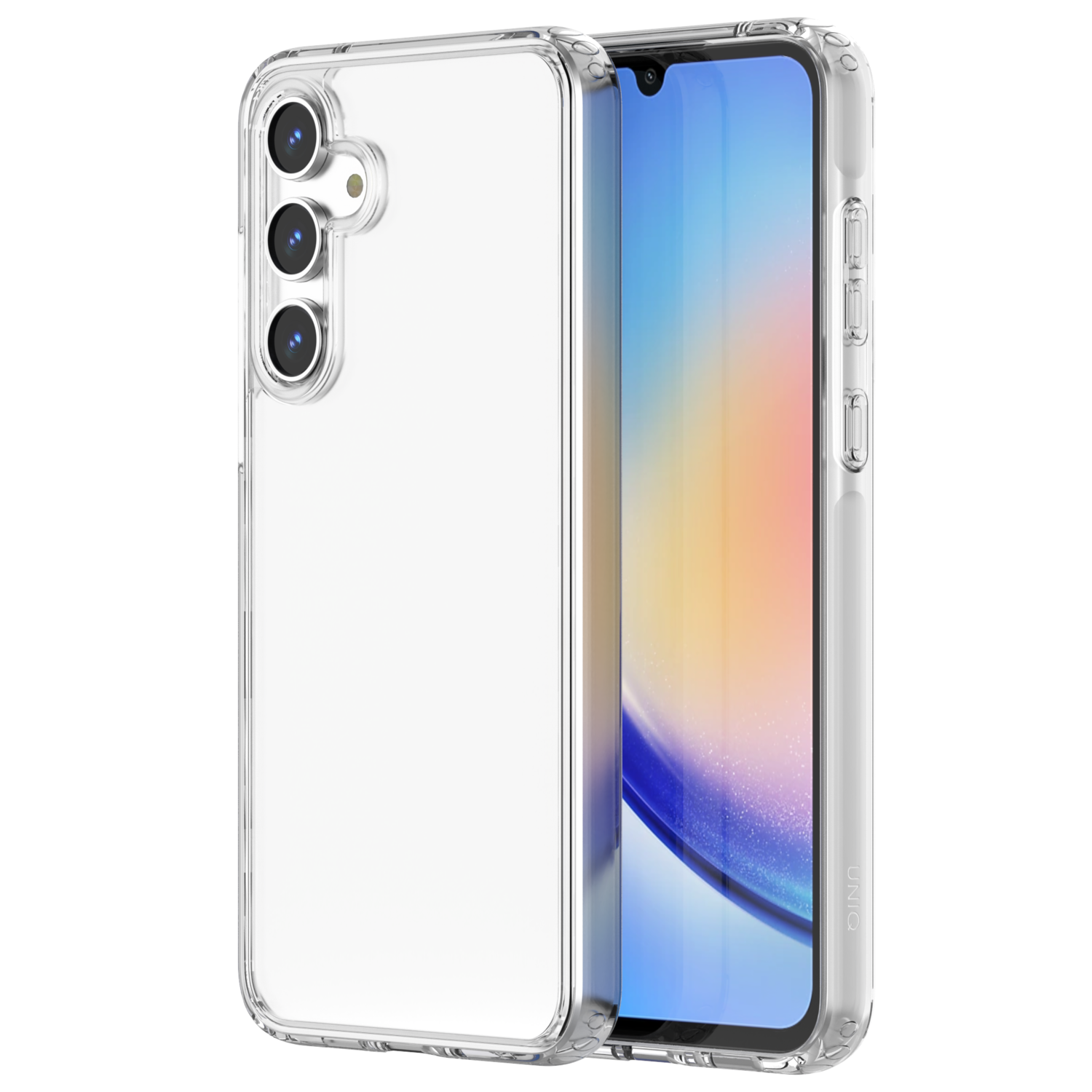 Transparante telefoonhoes met een smartphone erin. De telefoon heeft een drievoudige camera-opstelling.