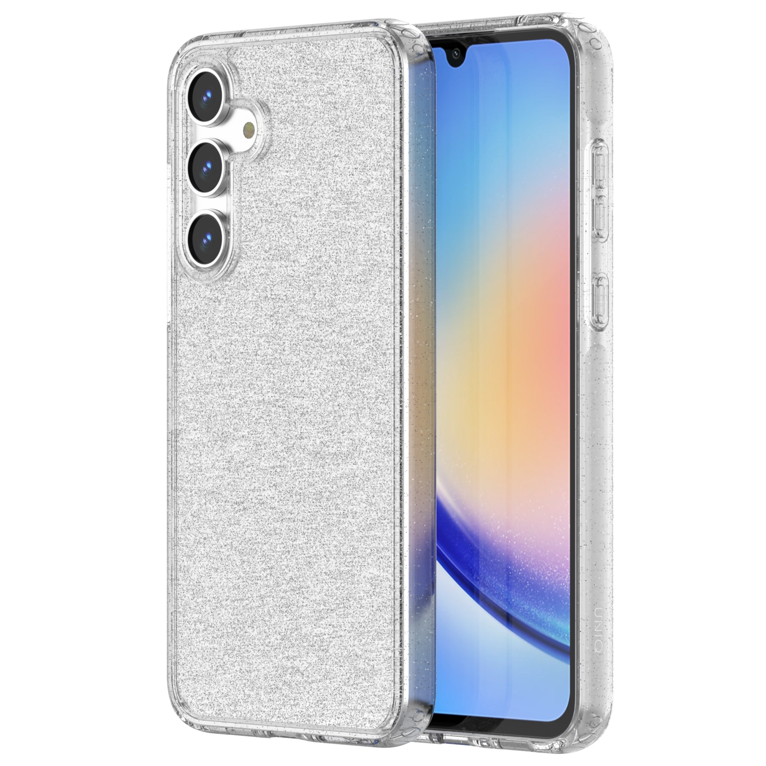 Een telefoonhoesje met glitter. De telefoon binnenin heeft een zichtbaar scherm.