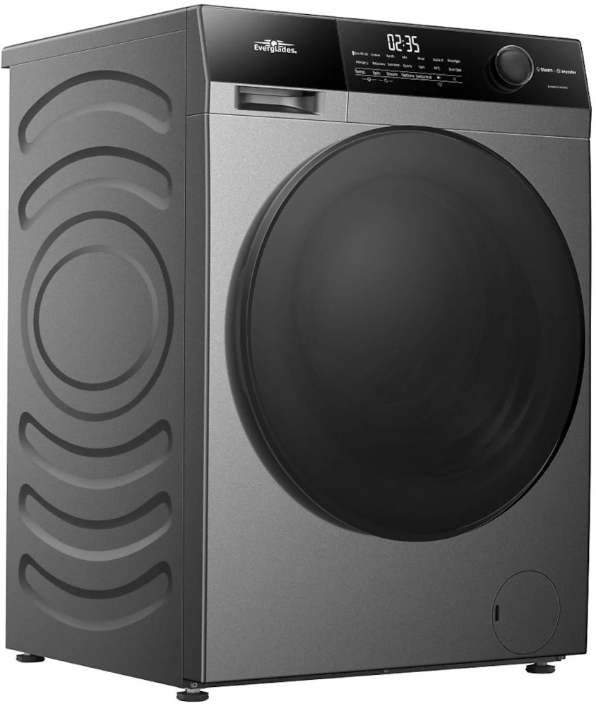 A gray washing machine with a black door, a digital display, and the brand name 'Everglades'.