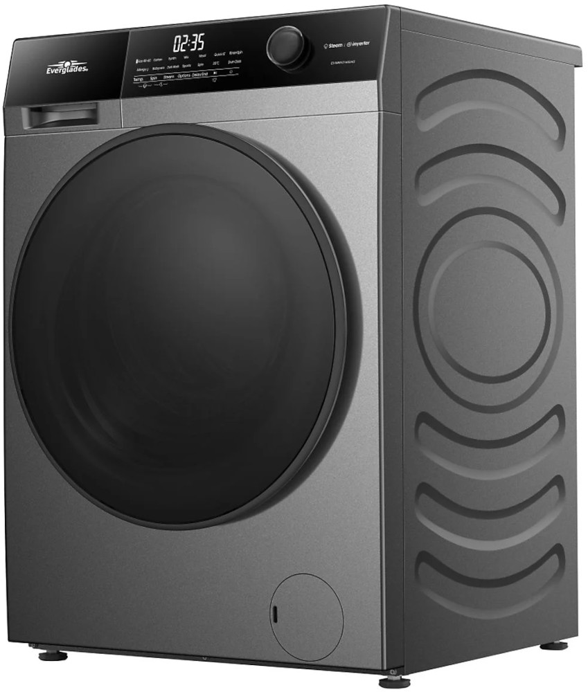 Dark grey washing machine. Black circular door and control panel. Side panel with indented design.