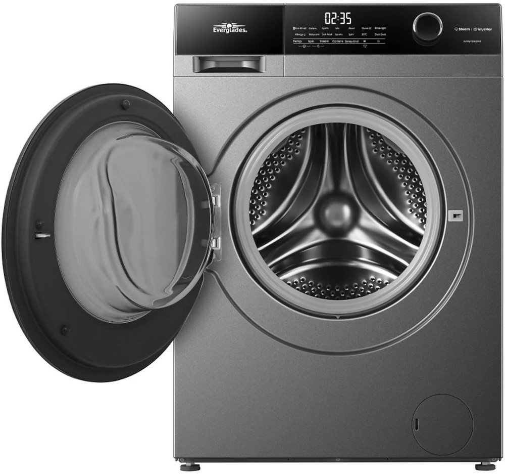 A gray washing machine with the door open, revealing the drum, against a white backdrop.