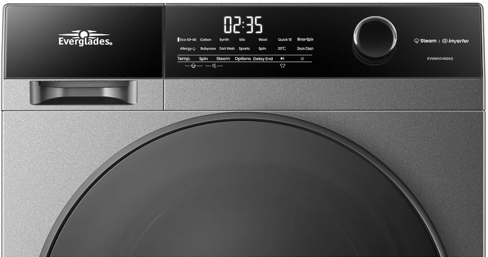 Washing machine control panel, showing settings and a digital display with the time 02:35.