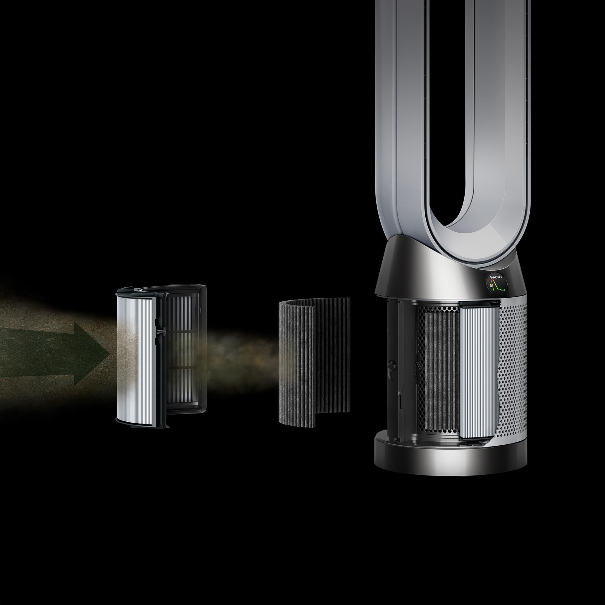 Dyson Luftreiniger, der den Filterwechsel und die Reinigung der Luft zeigt.