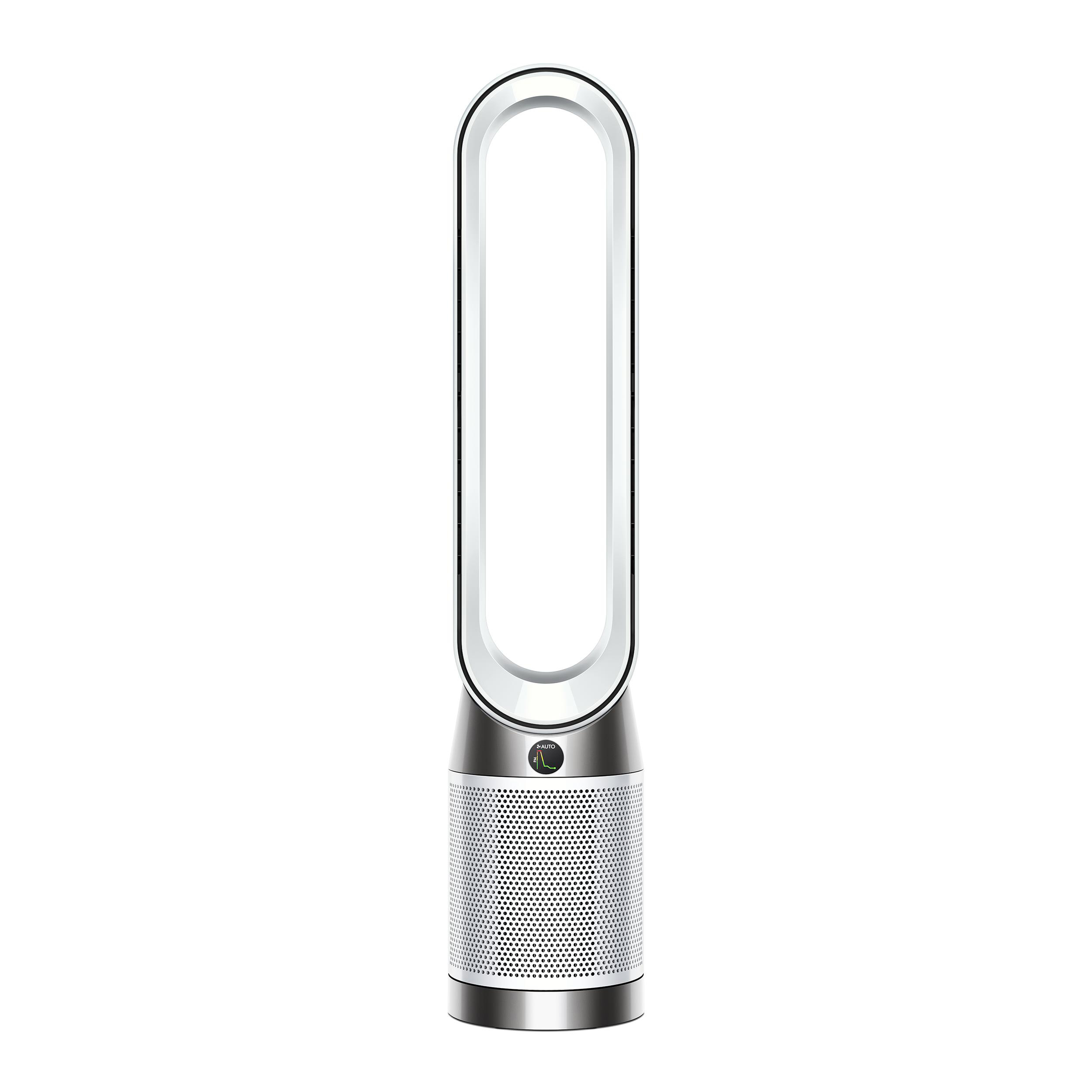 Weißer und silberner Dyson-Ventilator. Weißer Hintergrund, vertikales Design, modern und elegant.