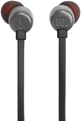Két fekete JBL fülhallgató piros végekkel, fekete vezetékkel összekötve.