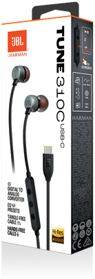 Egy doboz JBL Tune 310C USB-C fülhallgató, fekete kábellel.