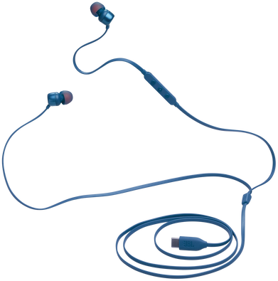 Kék JBL vezetékes fülhallgató USB kábellel.