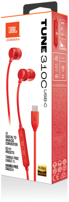 Piros JBL Tune 310C fülhallgató és doboz.