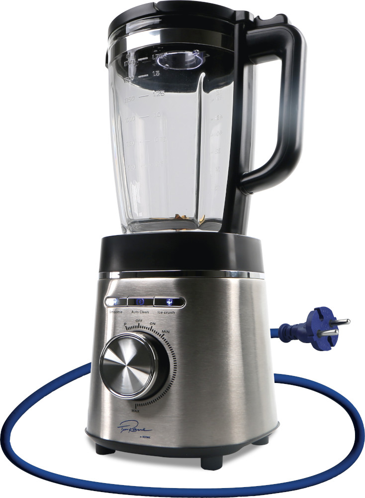 Stainless steel blender with blue cord and plug. Glass container with lid.
