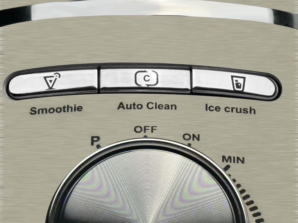 Close-up of blender control panel. Smoothie, Auto Clean, Ice crush buttons.