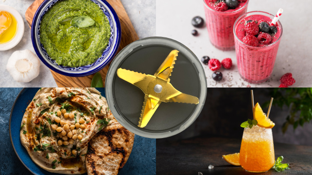Various dishes, including pesto, smoothies, hummus, and a cocktail.