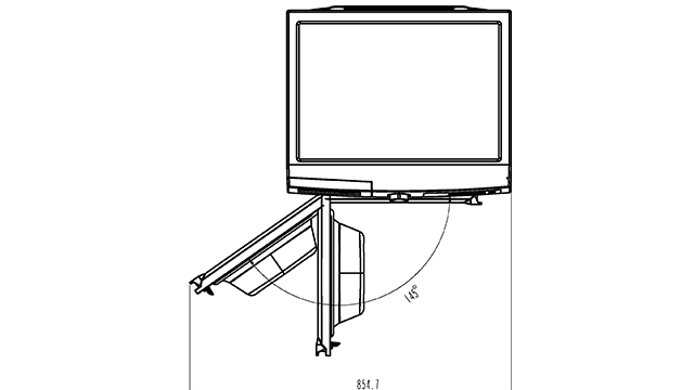 Fernseher an einer Wandhalterung, mit Abmessungen und Winkeln gezeigt.