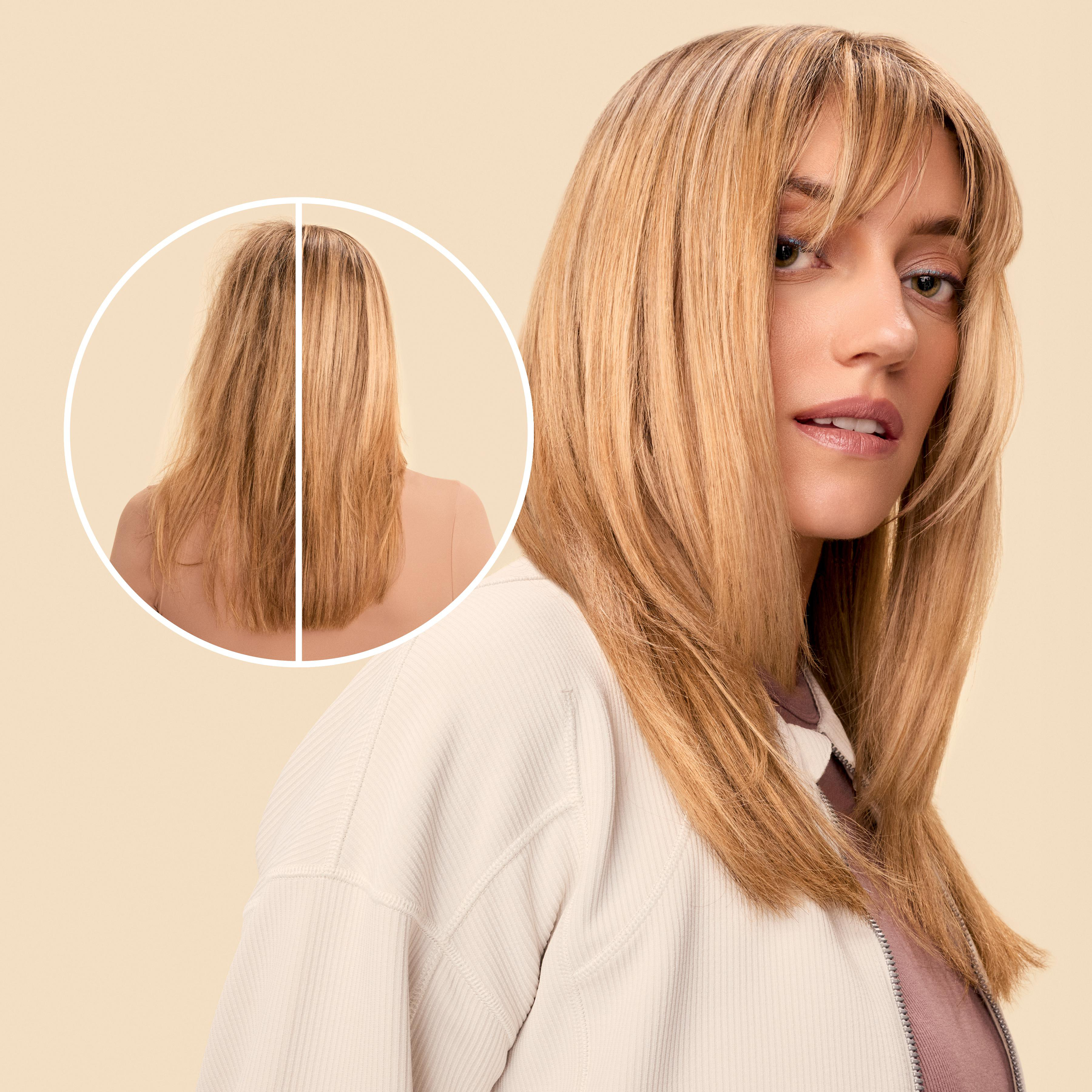Blonde Frau mit langem Haar, eine Vorher-Nachher-Haartransformation im Kreis gezeigt.