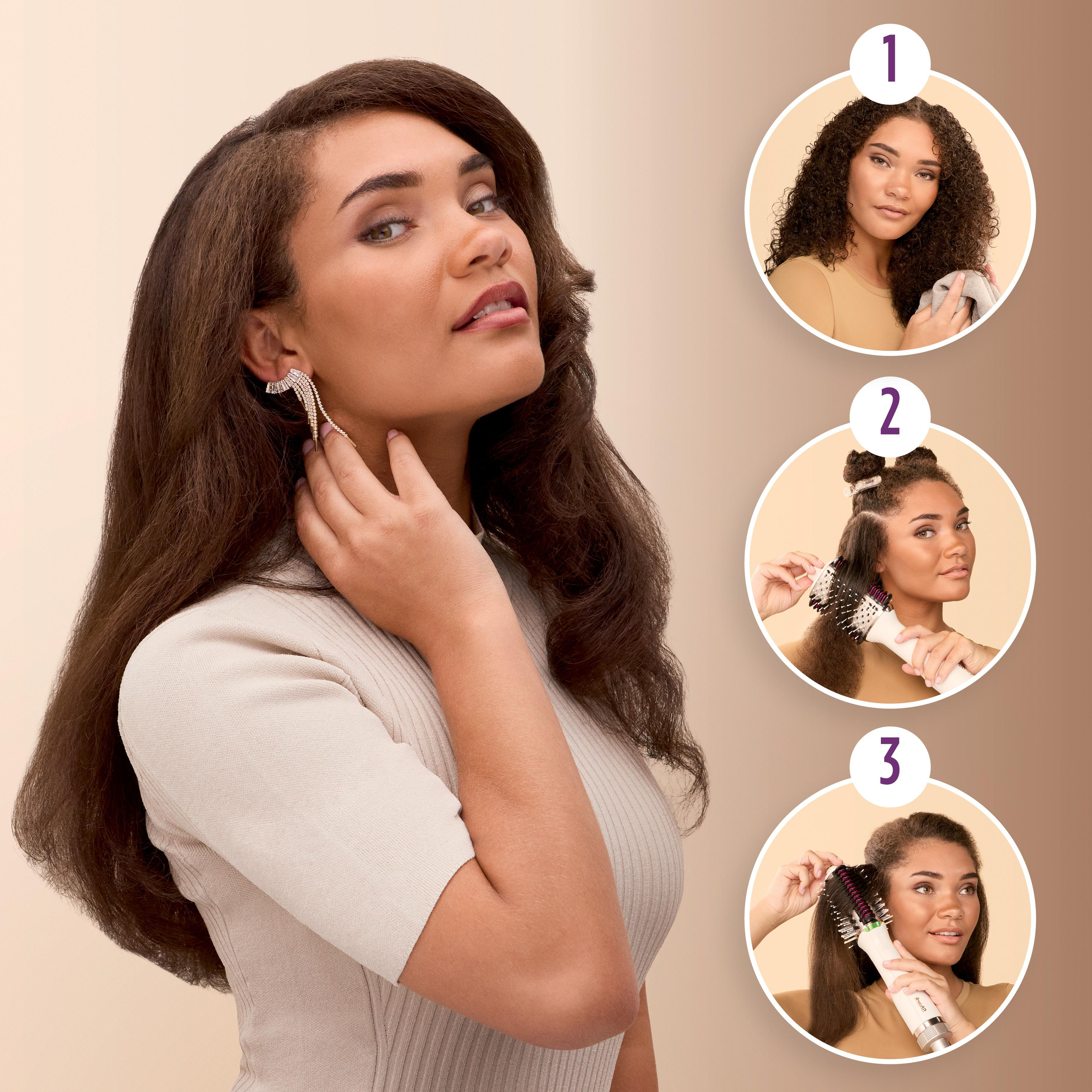 Frau mit langem Haar und drei Bildern, die das Haarstyling mit Bürste und Styling-Tools zeigen.