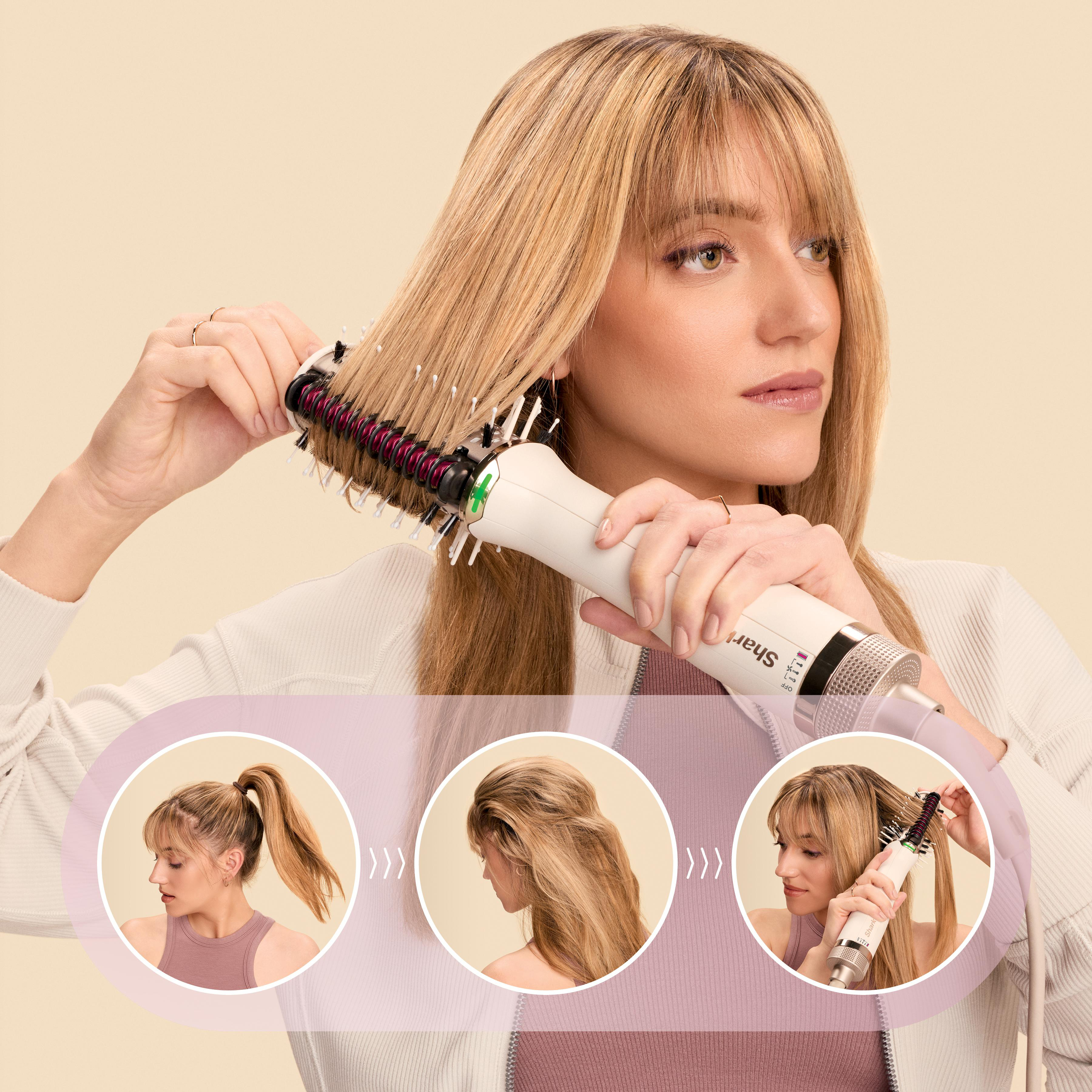 Eine Frau benutzt eine Haarbürste. Das Bild zeigt die Stylingbürste und ihre verschiedenen Aufsätze.