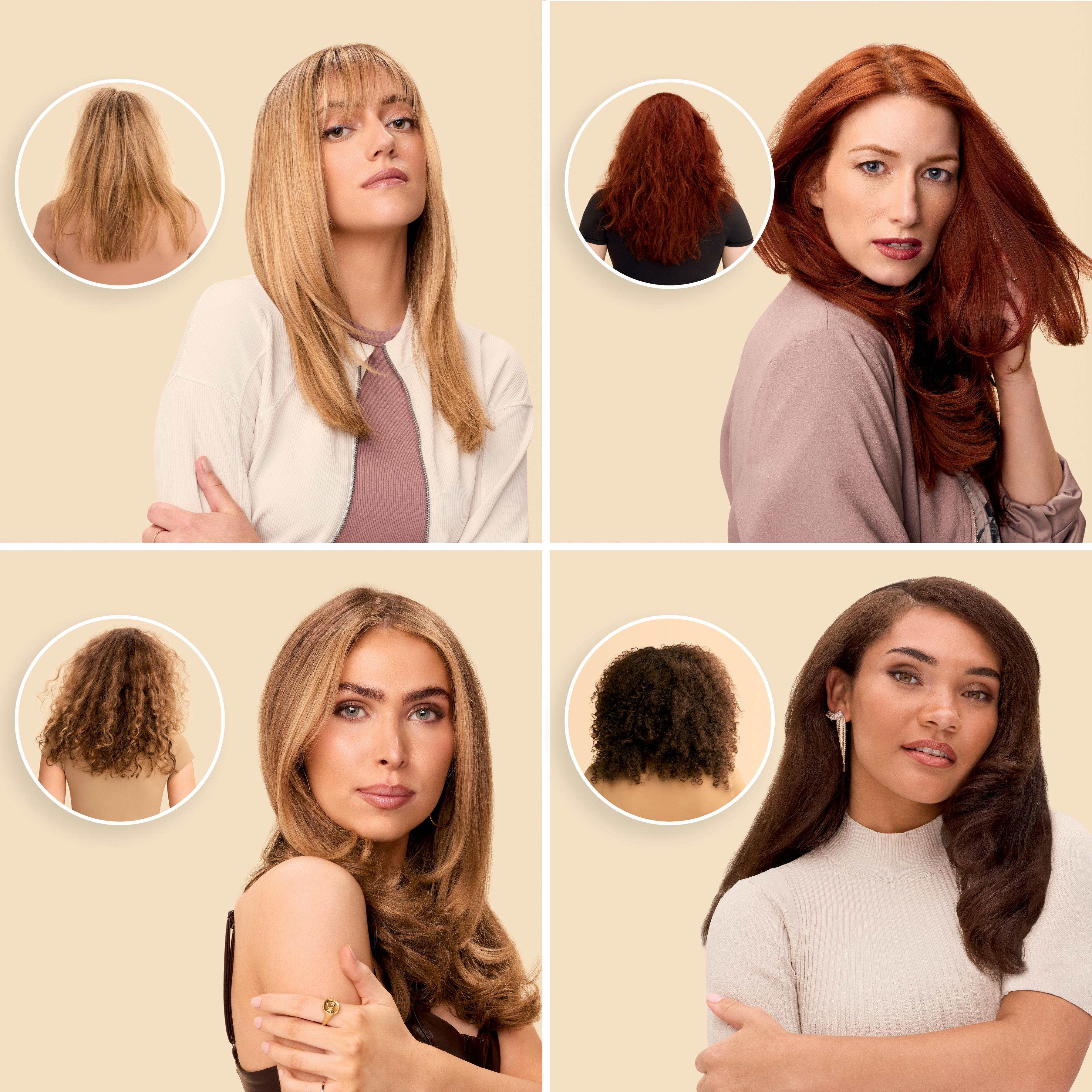 Vier Frauen mit verschiedenen Frisuren werden gezeigt, mit einem Vorher-Nachher-Vergleich ihrer Haare.