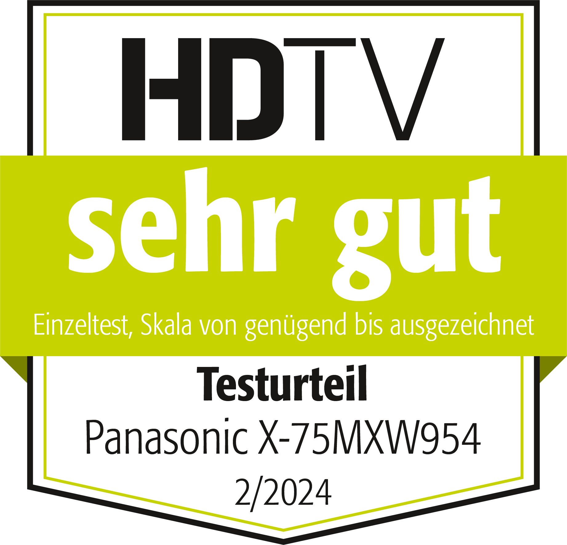 HDTV Logo. Der Text 'sehr gut' wird angezeigt, sowie 'Testurteil Panasonic X-75MXW954'.