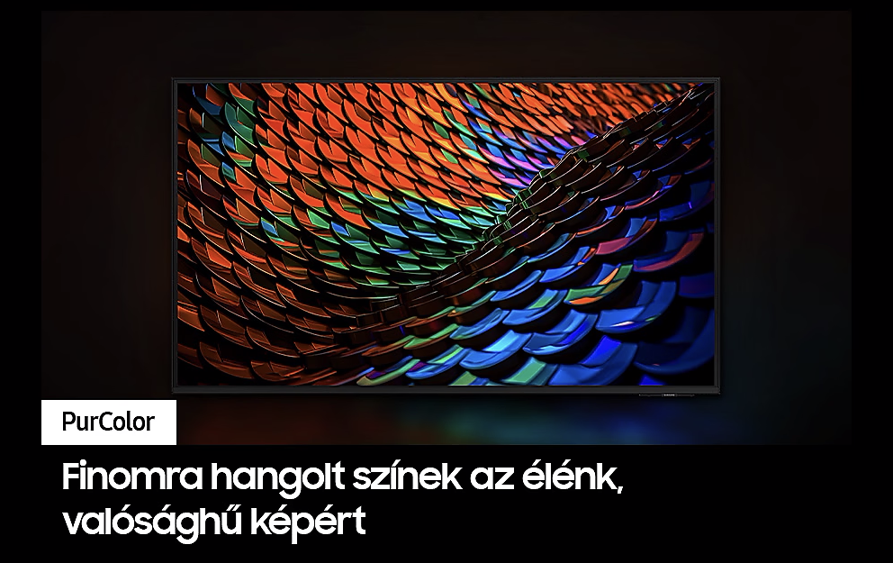 TV képernyő, absztrakt, színes képpel, alul 'PurColor' felirattal.