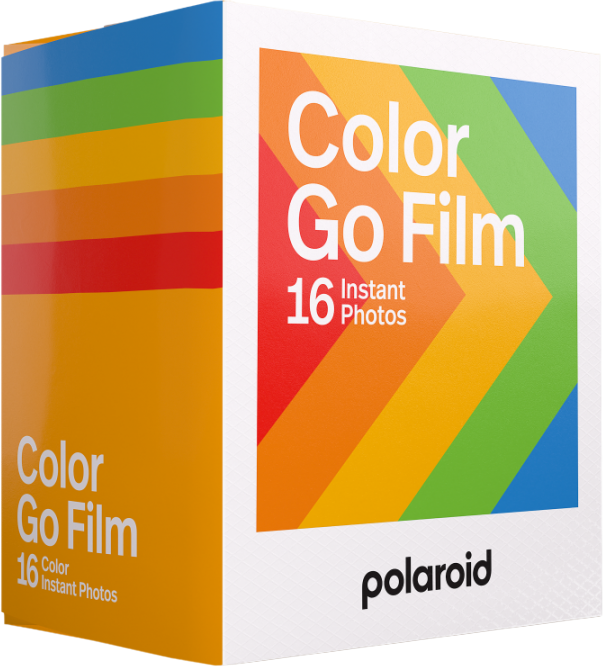 Una scatola di pellicola Polaroid Color Go con strisce colorate e il marchio.