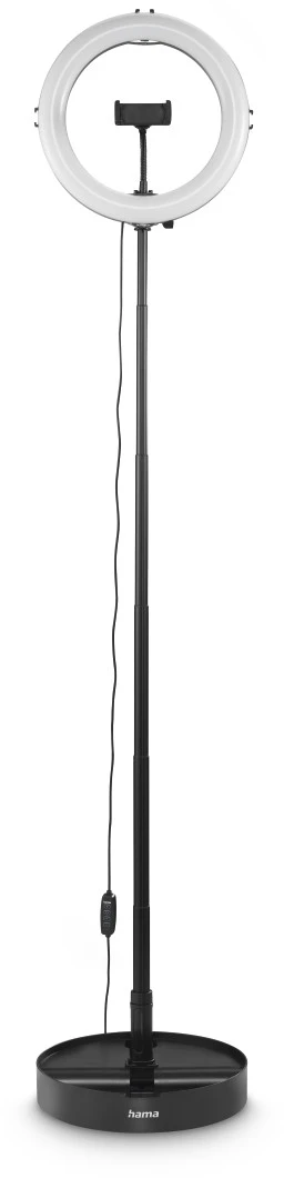 Anneau lumineux noir sur pied. Comprend un support de téléphone et une base noire.