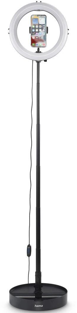 Anneau lumineux avec un smartphone attaché, sur un pied avec une base.