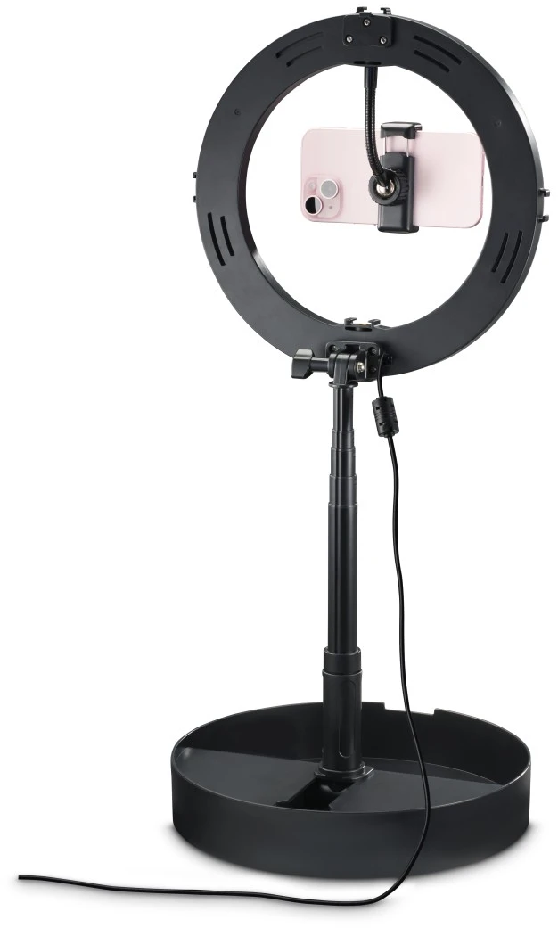 Anneau lumineux noir avec support de téléphone et pied réglable, sur fond blanc.
