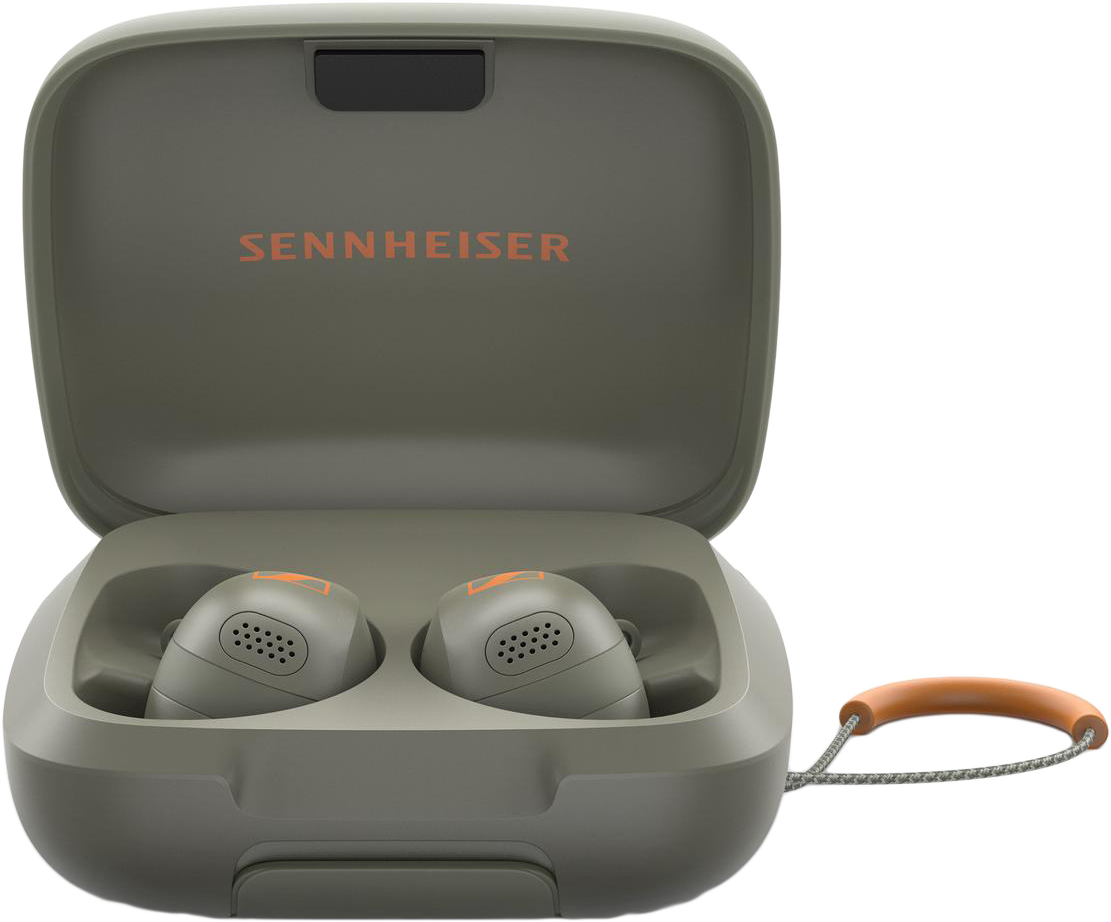 Nyitott olívazöld fülhallgató tok fülhallgatókkal; Sennheiser logóval.