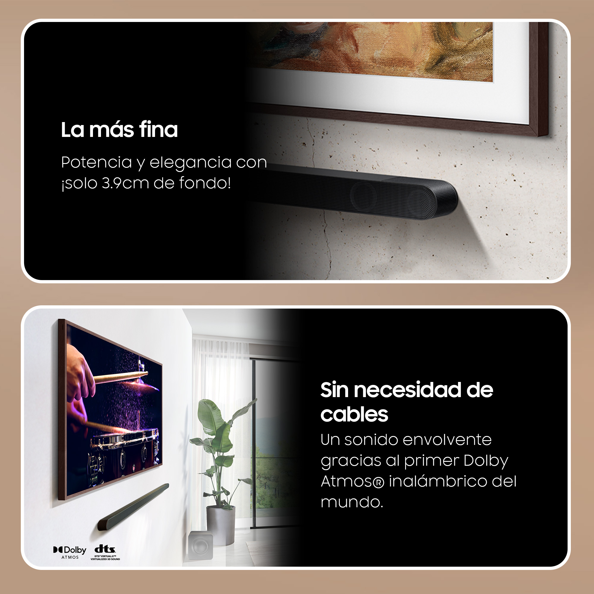 Dos imágenes con texto. Arriba: barra de sonido negra, texto sobre elegancia. Abajo: TV y barra...